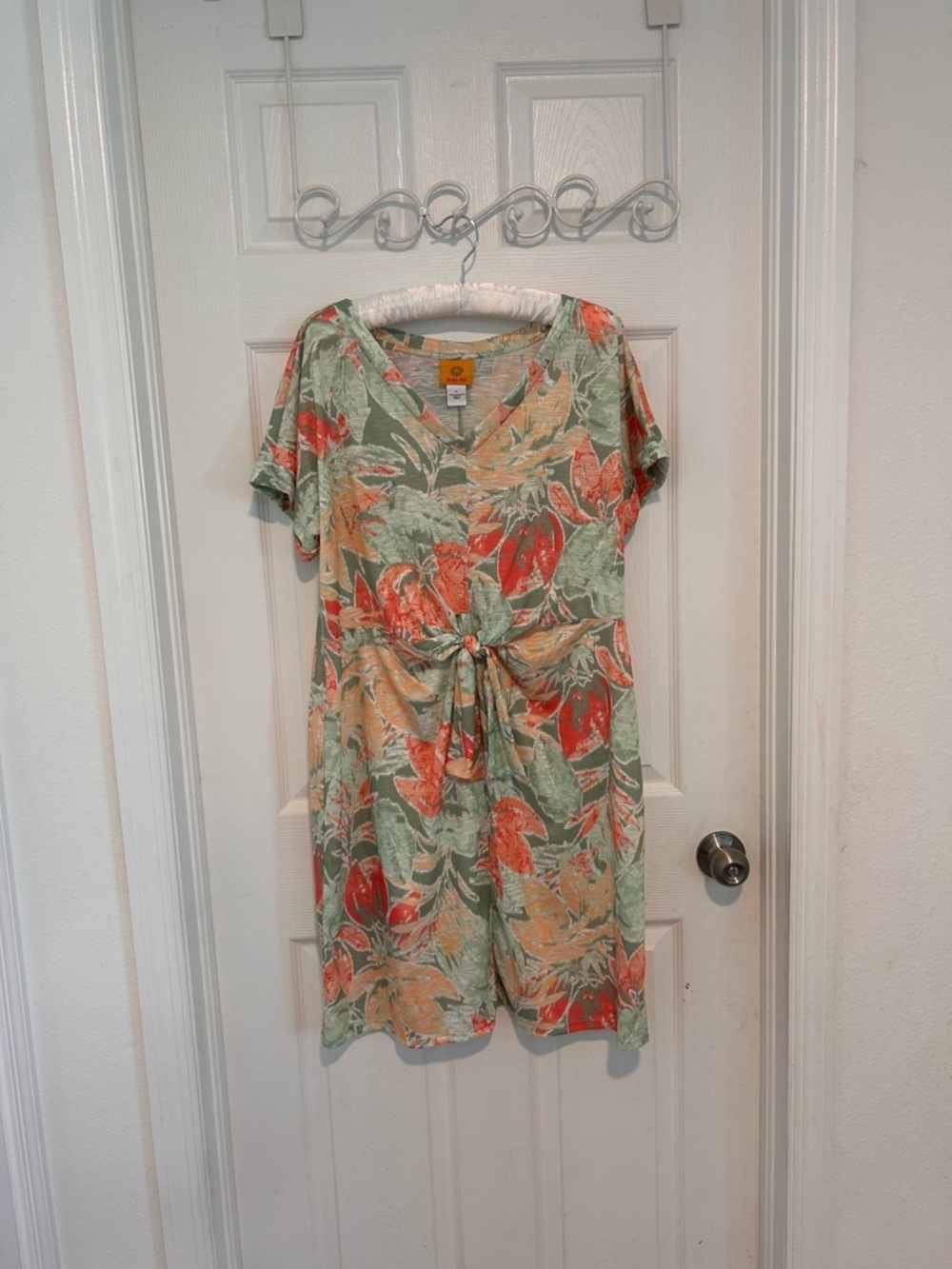 Ruby Rd. Coral and Sage Tropical Tie-Front Midi Dress Size L